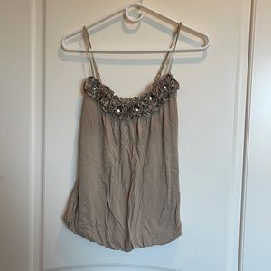 Candie’s tan ruffled and gem beaded tank top with fitted bottom